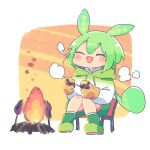  1girl ayakashi_(monkeypanch) blush_stickers boots campfire closed_eyes commentary eating fire food full_body full_mouth gloves gradient_clothes green_footwear green_hair green_hoodie green_shorts hair_between_eyes highres hood hoodie knees_together_feet_apart long_hair on_chair open_mouth orange_background orange_gloves ponytail roasted_sweet_potato shorts sitting smile socks solo steam_from_mouth sweet_potato voicevox white_background white_hoodie white_socks zundamon 