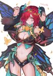  1girl animal_ears bare_shoulders breasts bug butterfly cleavage commission cowboy_shot detached_sleeves facial_mark fairy_wings fire_emblem fire_emblem_heroes flower hair_flower hair_ornament hair_over_one_eye highres looking_at_viewer navel official_alternate_costume petals plant purple_eyes r123 rabbit_ears rabbit_pose red_hair skeb_commission solo thank_you thorns triandra_(fire_emblem) triandra_(spring)_(fire_emblem) vines white_background wings 