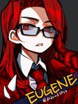  1girl collared_shirt commentary_request employee_(lobotomy_corporation) glasses gloves grey_background jacket lobotomy_corporation long_sleeves necktie project_moon rectangular_eyewear red_eyes red_gloves red_hair red_jacket red_necktie shirt shot_(urem) simple_background solo white_shirt 