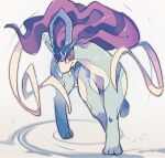  akadako animal_focus bags_under_eyes closed_mouth commentary full_body grey_background grey_outline long_hair looking_at_viewer no_humans one-hour_drawing_challenge pokemon pokemon_(creature) purple_hair red_eyes ribbon solo standing suicune white_ribbon 