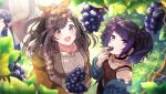  2girls :d basket black_choker black_nails blue_jacket blunt_bangs blurry bow breasts brown_bow brown_cardigan brown_hair brown_shirt brown_skirt cable_knit cardigan choker collarbone day depth_of_field diagonal_bangs eating food from_above fruit game_cg grapes hair_bow holding holding_basket idolmaster idolmaster_shiny_colors jacket jewelry large_breasts leaf long_hair looking_up multiple_girls nature necklace off_shoulder official_art outdoors pink_eyes ponytail purple_eyes purple_hair red_tank_top ribbed_shirt shirt short_twintails sidelocks skirt small_breasts smile tanaka_mamimi tank_top tsukioka_kogane twintails upper_body 
