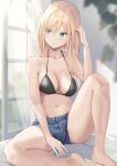  1girl bare_arms bare_legs bare_shoulders barefoot between_legs bikini bikini_top_only black_bikini blonde_hair blue_shorts breasts cleavage collarbone cutoffs denim denim_shorts green_eyes halterneck hand_up highres ichijoji_kotna isegawa_yasutaka knee_up long_hair looking_away looking_to_the_side medium_breasts navel original parted_lips short_shorts shorts sitting solo stomach strap_gap string_bikini swimsuit thighs 