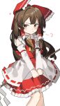  1girl absurdres ascot bare_shoulders blush bow brown_eyes brown_hair closed_mouth clynxen detached_sleeves feet_out_of_frame frilled_skirt frills frown gohei hair_bow hair_tubes hakurei_reimu highres japanese_clothes long_hair nontraditional_miko red_bow red_skirt ribbon-trimmed_sleeves ribbon_trim sidelocks simple_background skirt solo touhou white_background white_sleeves wide_sleeves yellow_ascot 