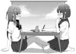  2girls arm_support barefoot between_legs blush desk feet greyscale highres implied_masturbation leg_between_thighs long_hair looking_at_another monochrome multiple_girls na_bia on_floor original paper pen pleated_skirt sailor_collar school_uniform seiza short_hair short_sleeves sitting sketch skirt toes yuri 