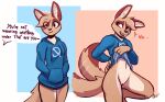  2023 anthro bodily_fluids bottomless bottomless_female canid canine canis clothed clothing dialogue enginetrap english_text female fluffy fluffy_tail fur genitals hair hands_in_both_pockets hoodie hoodie_lift hoodie_only jackal mammal offscreen_character pussy solo speech_bubble sweat sweatdrop syl_(enginetrap) tail tail_motion tailwag tan_body tan_fur tan_hair text topwear topwear_only translucent translucent_hair 