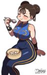  1girl absurdres arm_support bare_shoulders blush bodysuit bracelet breasts brown_eyes brown_hair chun-li closed_eyes covered_navel cowboy_shot double_bun eating food hair_bun hair_ribbon highres jewelry large_breasts maydaykiki ribbon simple_background sitting smile solo spiked_bracelet spikes street_fighter white_background wide_hips 