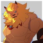  bandai_namco blonde_hair blue_eyes digimon digimon_(species) ear_piercing hair hi_res konokaijuda_(artist) leomon mane nipples one_eye_closed pecs piercing scar wink 