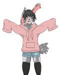  absurd_res anthro baggy_clothing black_hair blush bottomwear clothing ear_piercing embrace eyes_closed first_person_view fluffy fluffy_tail fur girly graybie_the_bun grey_body grey_fur hair hi_res hoodie hotpants hug lagomorph legwear leporid male mammal piercing pink_clothing rabbit shorts smile solo tail thigh_highs topwear yeetboi420z 