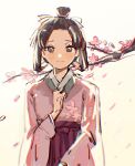  1girl ace_attorney bangs_pinned_back black_eyes black_hair blush branch cherry_blossoms clenched_hand closed_mouth dot_nose floral_print hair_ribbon hair_rings hakama hakama_skirt hand_up highres japanese_clothes kimono long_hair long_sleeves meiji_schoolgirl_uniform pink_kimono print_kimono purple_hakama purple_skirt ribbon simple_background sketch skirt smile solo susato_mikotoba the_great_ace_attorney updo upper_body white_background white_ribbon wide_sleeves xinjinjumin7559993 
