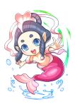  1girl absurdres black_hair blue_eyes highres looking_at_viewer mermaid monster_girl ningyo_(youkai_watch) open_mouth pointy_ears simple_background solo solo_focus splashing teeth tory_(tory29) upper_teeth_only white_background youkai_watch 