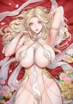  1girl blonde_hair breasts celestine_lucullus cowboy_shot dakimakura_(medium) elf flower gold_bracelet green_eyes huge_breasts kuroinu_~kedakaki_seijo_wa_hakudaku_ni_somaru~ long_hair looking_at_viewer parted_lips petals pink_flower pink_rose pointy_ears red_lips revealing_clothes rose see-through solo tsuki_no_i-min yellow_flower yellow_rose 