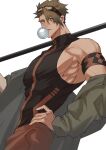  1boy achilles_(fate) black_shirt brown_eyes bubble_blowing chewing_gum down_jacket fate/grand_order fate_(series) from_side goggles goggles_on_head green_hair hand_on_own_hip haruakira highres jacket large_pectorals looking_at_viewer male_focus muscular muscular_male orange_pants over_shoulder pants pectorals shirt short_hair solo undercut veins veiny_arms weapon weapon_over_shoulder white_background 