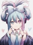  1girl absurdres aqua_bow aqua_eyes aqua_hair aqua_necktie bare_shoulders bow cinnamiku collared_shirt commentary_request detached_sleeves facial_tattoo folded_twintails grey_shirt hair_bow hair_tie hatsune_miku heart heart_tattoo heterochromia highres kitsunemiyoru long_hair multicolored_hair necktie number_tattoo pink_eyes shirt simple_background sleeveless sleeveless_shirt solo streaked_hair tattoo updo upper_body vocaloid white_background 