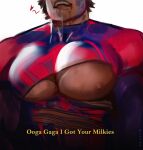  1boy animal_print bara bare_pectorals blood_on_mouth blue_bodysuit bodysuit broad_shoulders brown_hair close-up dark-skinned_male dark_skin drooling english_text head_out_of_frame kaysuoae large_pectorals male_focus marvel miguel_o&#039;hara muscular muscular_male pectoral_focus pectorals print_bodysuit red_bodysuit short_hair solo spider-man:_across_the_spider-verse spider-man_(2099) spider-man_(series) spider_print torn_bodysuit torn_clothes two-tone_bodysuit underpec 