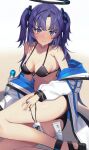  1girl bare_shoulders bikini black_bikini blue_archive blush breasts closed_mouth e_buki halo highres jacket long_hair looking_at_viewer medium_breasts open_clothes open_jacket parted_bangs purple_eyes purple_hair solo swimsuit thighs two_side_up white_jacket yuuka_(blue_archive) 