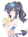  1girl absurdres animal_ears bare_arms bare_shoulders black_hair blue_archive blue_eyes blush breasts cheerleader crop_top dog_ears dog_girl dog_tail eyewear_on_head from_side goggles goggles_on_head halo hibiki_(blue_archive) hibiki_(cheer_squad)_(blue_archive) highres holding holding_pom_poms looking_at_viewer medium_breasts midriff official_alternate_costume parted_lips pleated_skirt pom_pom_(cheerleading) ponytail simple_background skirt solo tail white_background white_skirt yukisiannn 