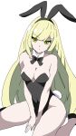  1girl absurdres alternate_costume animal_ears bare_arms black_footwear blonde_hair blunt_bangs breasts cleavage closed_mouth detached_collar eyelashes fake_animal_ears fake_tail green_eyes hairband highres leotard long_hair lusamine_(pokemon) mature_female own_hands_together playboy_bunny pokemon pokemon_(game) pokemon_sm rabbit_ears rabbit_tail shoes sitting solo tail white_background yunirosu 