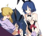  2girls ahoge alternate_costume animal_ears bare_shoulders black_bow black_bowtie black_leotard blonde_hair blue_hair bocchi_the_rock! bow bowtie breasts cleavage coldcat. commentary cunnilingus detached_collar fake_animal_ears highres ijichi_nijika leotard long_hair looking_at_another mole mole_under_eye money multiple_girls oral playboy_bunny rabbit_ears short_hair side_ponytail simple_background small_breasts white_background wrist_cuffs yamada_ryou yellow_eyes yuri 