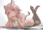  1girl animal_ear_fluff animal_ears arknights bangs bare_shoulders black_thighhighs blush breasts gnai gravel_(arknights) hair_between_eyes highres leotard long_hair looking_at_viewer lying on_stomach pink_hair prairie_dog_ears prairie_dog_girl smile soles solo tail thighhighs white_leotard 