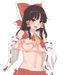  1girl ascot blush bow breasts brown_hair clothes_lift detached_sleeves frilled_bow frilled_hair_tubes frills hair_bow hair_tubes hakurei_reimu heart heart-shaped_boob_challenge heart_hands highres looking_at_viewer miyo_(ranthath) navel no_bra no_panties open_mouth red_bow red_shirt red_skirt ribbon-trimmed_sleeves ribbon_trim shirt shirt_lift simple_background skirt skirt_set solo sweat touhou underboob white_background 