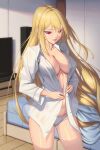  1girl bed blonde_hair bowlp breasts commentary_request cowboy_shot grey_panties highres indoors large_breasts long_hair long_sleeves open_clothes open_shirt original panties parted_lips red_eyes shirt solo standing stomach thighs underwear very_long_hair white_shirt 