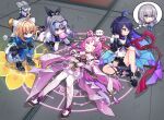  ... 5girls absurdres ahoge blush breasts bronya_rand collarbone commentary fingerless_gloves floor fu_xuan_(honkai:_star_rail) gloves goggles goggles_on_head grin highres honkai:_star_rail honkai_(series) long_hair looking_up lying lynx_landau magic_circle medium_hair multiple_girls open_mouth pantyhose seele_(honkai:_star_rail) shoes shorts silver_wolf_(honkai:_star_rail) sitting small_breasts smile thinking xtacy 