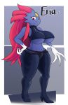  3_fingers absurd_res anthro big_breasts blue_body bottomwear breasts bullelewds clawed_fingers claws clothed clothing female fingers footwear generation_4_pokemon hair hi_res long_hair navel nintendo pants pokemon pokemon_(species) red_eyes red_hair shirt shoes smile solo topwear weavile 