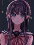  1girl black_background black_hair black_sailor_collar blush bow bowtie closed_mouth collarbone danganronpa:_trigger_happy_havoc danganronpa_(series) futto_n_ame green_eyes hair_between_eyes hair_ornament hairclip highres long_hair looking_at_viewer maizono_sayaka pink_bow pink_bowtie portrait sailor_collar solo 