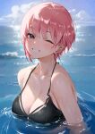  1girl absurdres bikini black_bikini blue_sky breasts commentary day go-toubun_no_hanayome highres large_breasts looking_at_viewer nakano_ichika one_eye_closed outdoors partially_submerged pink_hair purple_eyes short_hair sky smile solo sooon swimsuit water 