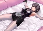  1girl bare_shoulders black_leotard bodysuit breasts brown_eyes chicken_(chickenx) clenched_teeth elbow_gloves gloves highres large_breasts leotard looking_at_viewer lying on_back on_bed original purple_hair restrained short_hair skin_tight solo teeth 