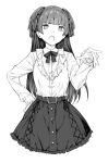  1girl belt belt_skirt blunt_bangs bow bowtie cropped_legs frilled_shirt frills greyscale hair_ribbon idolmaster idolmaster_shiny_colors long_hair long_sleeves looking_at_viewer mayuzumi_fuyuko monochrome mushi024 open_mouth ribbon ribbon-trimmed_skirt ribbon_trim shirt shirt_tucked_in sketch skirt solo two_side_up 