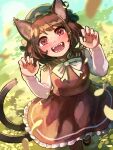  1girl animal_ears blurry blurry_foreground blush bow bowtie breasts brown_hair cat_ears cat_tail chen claw_pose commentary_request daisy depth_of_field dutch_angle earrings eyebrows_hidden_by_hair falling_leaves fangs flower foot_out_of_frame frills from_above gao gold_trim hands_up hat highres jewelry leaf long_sleeves looking_at_viewer mary_janes medium_hair mob_cap multiple_tails nail_polish nekomata nekotsuki open_mouth outdoors petticoat red_eyes red_nails red_skirt red_vest sharp_teeth shoes short_hair single_earring skirt skirt_set small_breasts solo tail teeth touhou two_tails v-shaped_eyebrows vest white_bow white_bowtie white_flower 