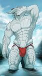  9:16 abs anthro baldur&#039;s_gate blue_eyes clothing corrsk dragonborn_(dnd) dungeons_and_dragons hasbro hi_res horn jockstrap looking_at_viewer male muscular muscular_anthro muscular_male partially_submerged pecs scales scalie solo underwear water white_body white_scales wizards_of_the_coast 