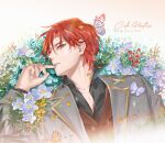  1boy brown_eyes brown_vest bug butterfly butterfly_on_head cale_henituse character_name chiutina flower formal grey_suit hair_between_eyes hand_up lout_of_count&#039;s_family male_focus petals red_hair short_hair solo suit upper_body vest 