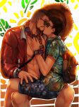  2boys abs bara beard black_hair blue_male_swimwear blue_shirt closed_eyes commission david_king_(dead_by_daylight) dead_by_daylight dessa_nya dwight_fairfield facial_hair flower flower_necklace hat hawaiian_shirt highres holding holding_clothes holding_hat hooked_on_you jacket large_pectorals male_focus male_swimwear multiple_boys muscular muscular_male official_alternate_costume open_clothes open_jacket pectorals red_jacket shirt short_hair sitting sitting_on_lap sitting_on_person straw_hat sunglasses watch wristwatch 