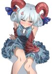  1girl anger_vein blue_dress blue_ribbon blush breasts closed_mouth curled_horns dress earrings feet_out_of_frame grey_hair gyouza_(mhea5724) highres horn_ornament horn_ribbon horns jewelry looking_at_viewer pointy_ears pout red_dress red_eyes red_horns ribbon sheep_horns short_hair simple_background small_breasts solo touhou toutetsu_yuuma white_background 