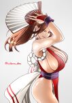  1girl arm_guards ass bare_shoulders breasts brown_eyes brown_hair cleavage fatal_fury folding_fan hand_fan high_ponytail highres holding holding_fan japanese_clothes large_breasts long_hair looking_at_viewer ninja pelvic_curtain ponytail revealing_clothes rope saburo_des shiranui_mai sideboob simple_background smile snk solo the_king_of_fighters thighs 