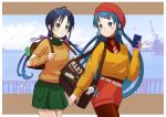  2girls alternate_costume backpack bag beanie belt blue_eyes blue_hair blush border brown_bag brown_pantyhose brown_shirt cellphone crop_top detached_sleeves dolphins3ino gradient_hair green_eyes green_skirt hat highres holding holding_phone kantai_collection long_hair looking_to_the_side low_twintails multicolored_hair multiple_girls necktie orange_sweater pantyhose phone red_headwear red_necktie red_shorts samidare_(kancolle) shirt shorts skirt smartphone smile suzukaze_(kancolle) sweater swept_bangs twintails very_long_hair white_border 