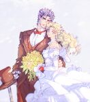  1boy 1girl black_pants blonde_hair blue_eyes bouquet breasts commentary_request couple dress erina_pendleton flower formal hand_on_another&#039;s_hip hat hetero holding holding_bouquet holding_clothes holding_hat husband_and_wife jojo_no_kimyou_na_bouken jonathan_joestar kusamura_dai long_hair long_sleeves looking_at_viewer muscular muscular_male pants phantom_blood short_hair smile wedding_dress white_dress 