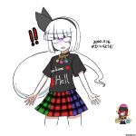  ! !! 2girls ;d black_eyes black_hairband bright_pupils clothes_writing commentary cosplay dated earth_(ornament) empty_eyes ghost hairband heart hecatia_lapislazuli hecatia_lapislazuli_(cosplay) highres hoshii_1213 jewelry konpaku_youmu konpaku_youmu_(ghost) medium_hair moon_(ornament) multicolored_clothes multicolored_skirt multiple_girls necklace one_eye_closed open_mouth plaid plaid_skirt red_hair shirt short_hair simple_background skirt smile solo_focus t-shirt touhou twitter_username white_background white_hair white_pupils 