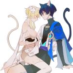  1boy 1girl animal_ears arm_support bare_shoulders black_shorts blonde_hair blue_eyes blue_hair blush breasts cat_boy cat_ears cat_girl cat_tail chamomomm chinese_commentary cowgirl_position embarrassed feet_out_of_frame flower genshin_impact hair_flower hair_ornament hetero japanese_clothes large_breasts looking_at_another lumine_(genshin_impact) nipples scaramouche_(genshin_impact) short_hair shorts sitting smile straddling sweatdrop tail thighhighs wanderer_(genshin_impact) white_thighhighs yellow_eyes 