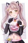  1girl :p animal_ears bare_shoulders black_gloves blush border bow breasts brown_hair cat_ears ckst cleavage commentary_request elbow_gloves fake_animal_ears gloves highres long_hair looking_at_viewer love_live! love_live!_school_idol_project midriff minami_kotori navel paw_pose pleated_skirt simple_background skirt smile solo stomach tongue tongue_out upper_body white_border yellow_eyes 
