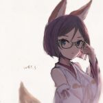  1girl animal_ears black_hair blue_eyes detached_sleeves fox_ears fox_girl fox_tail glasses green-framed_eyewear japanese_clothes kantai_collection kemonomimi_mode kirishima_(kancolle) nontraditional_miko ribbon-trimmed_sleeves ribbon_trim short_hair solo tail upper_body wss_(nicoseiga19993411) 