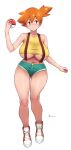  1girl alternate_breast_size areola_slip ass_visible_through_thighs bare_shoulders blush breasts closed_mouth collarbone curvy denim denim_shorts full_body green_eyes holding holding_poke_ball large_breasts looking_to_the_side micro_shorts midriff misty_(pokemon) navel onomeshin orange_hair plump poke_ball poke_ball_(basic) pokemon pokemon_(anime) pokemon_(classic_anime) shirt shoes shorts side_ponytail simple_background smile sneakers solo suspender_shorts suspenders tank_top taut_clothes taut_shirt underboob white_background wide_hips yellow_shirt yellow_tank_top 