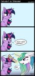  absurd_res bonk_(sound_effect) comic dialogue english_text equid equine female friendship_is_magic fur hair hasbro hi_res horn julunis14 mammal my_little_pony newspaper princess_celestia_(mlp) purple_body purple_eyes purple_fur purple_hair rolled_up_newspaper text twilight_sparkle_(mlp) unicorn 