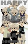  6+boys blue_eyes commentary_request dated electricity facing_viewer happy_birthday highres hunter_x_hunter killua_zoldyck looking_at_viewer male_child male_focus messy_hair multiple_boys short_hair simple_background smile solo_focus spiked_hair teeth uzra_hh white_background white_hair 