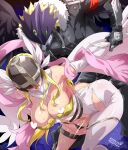  1boy 1girl angewomon arai_nobu arm_grab bare_shoulders beelzebumon belt blonde_hair covered_eyes digimon digimon_(creature) elbow_gloves gloves grabbing grabbing_from_behind grin helmet helmet_over_eyes long_hair sex smile tongue tongue_out winged_helmet wings 