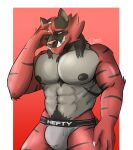  abs anthro bedroom_eyes big_bulge body_hair bulge clothed clothing erection felid feline fur generation_7_pokemon hi_res incineroar jockstrap jockstrap_only lorens lorens_j male mammal muscular muscular_male narrowed_eyes nintendo nipples pantherine pinup pokemon pokemon_(species) pose presenting pubs red_body red_fur seductive solo teeth tiger topless underwear underwear_only 