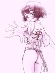  1girl absurdres ass blush fundoshi girls_und_panzer highres hiyama_yuu_(wee259hiyama) japanese_clothes looking_at_viewer monochrome pink_background short_hair simple_background sketch solo tongue tongue_out utsugi_yuuki yamakasa 