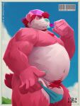  2023 anthro bear belly big_belly blue_nose clothing genitals giant_panda hat headgear headwear hi_res humanoid_hands male mammal murkyhaze outside overweight overweight_male penis pink_body pubes solo swimwear tongue tongue_out white_body 